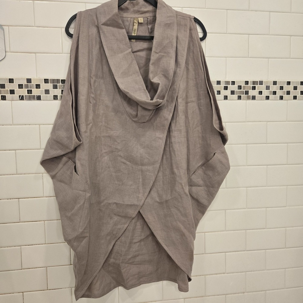 Comfy USA 100% Linen Mauve Cowl Neck Criss-Cross Med. Shirt Lagenlook Pockets